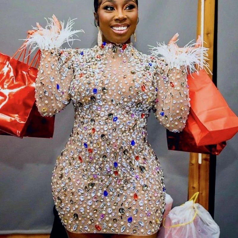 Customized Fashion Women Mesh Crystals Sexy Short Dress Ladies Evening Party Bodycon Rhinestones Costume Birthday Wear Mini 251112