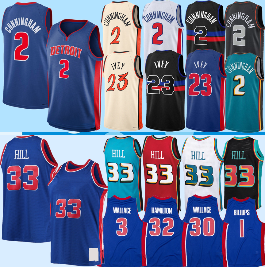 Cade Cunningham 23 Ivey 33 Hill Basketball Jerseys Rasheed Wallace #30 Richard Hamilton #32 Chauncey Billups #1 Ben Wallace #3 2003-04 retro Men youth women S-XXL jerseys