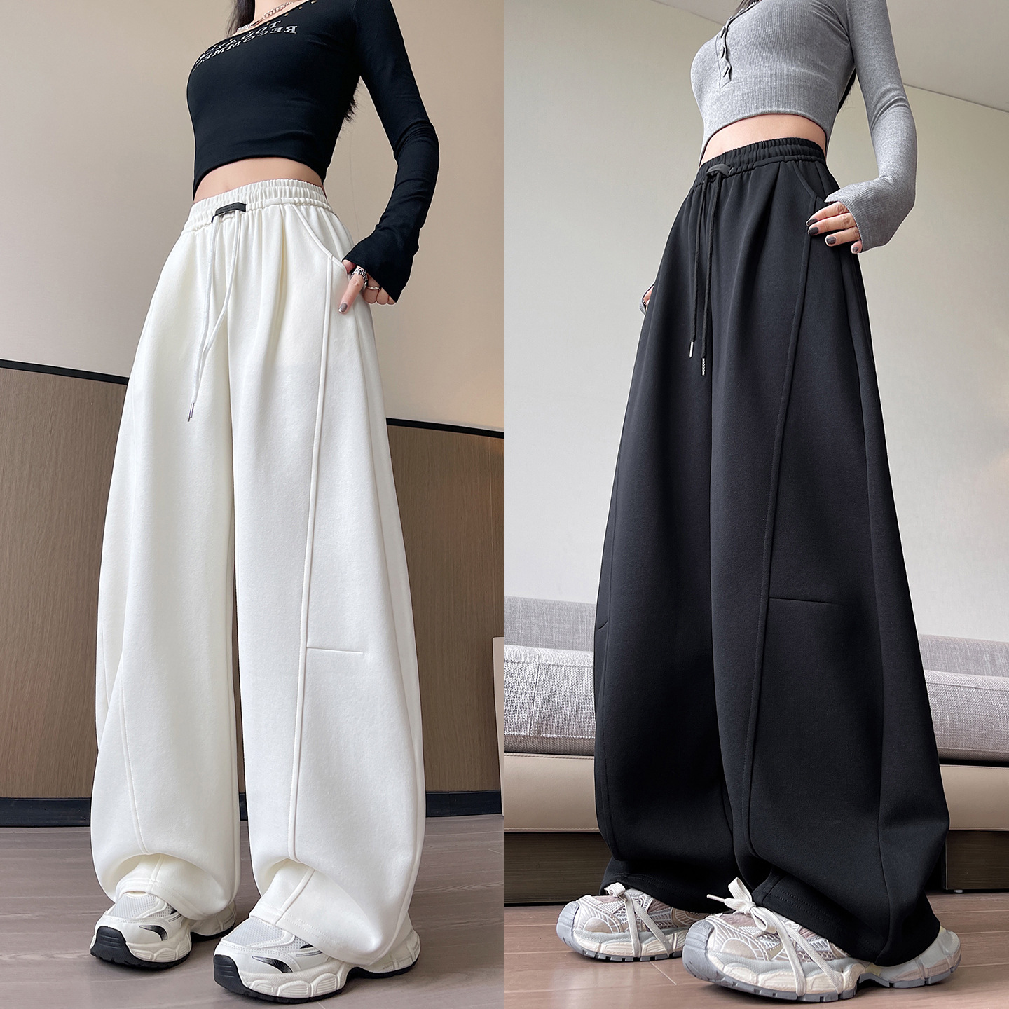 Designer luxury Plus Size Scimitar Wide-Leg Pants for Women 2025 New Autumn Winter Loose Slimming Fleece-Lined Sports Sweatpants for Plus Size Girls