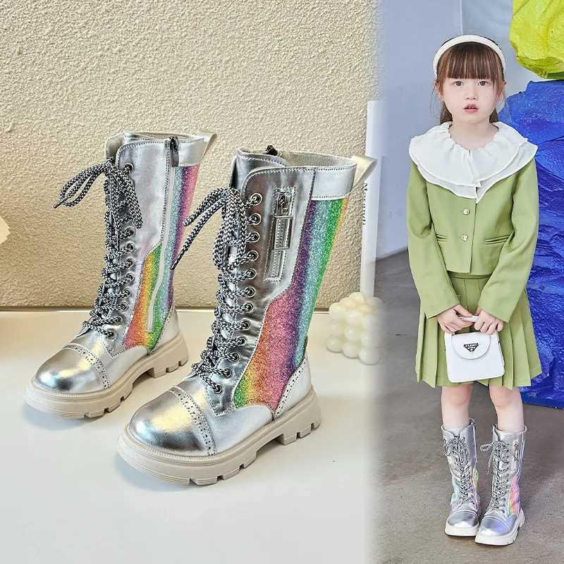 Girls Boots Autumn and Winter 2023 New Kids High Boots Unique Little Princess Plus-Velvet Colorful Child Fashion Glossy SilverW251121
