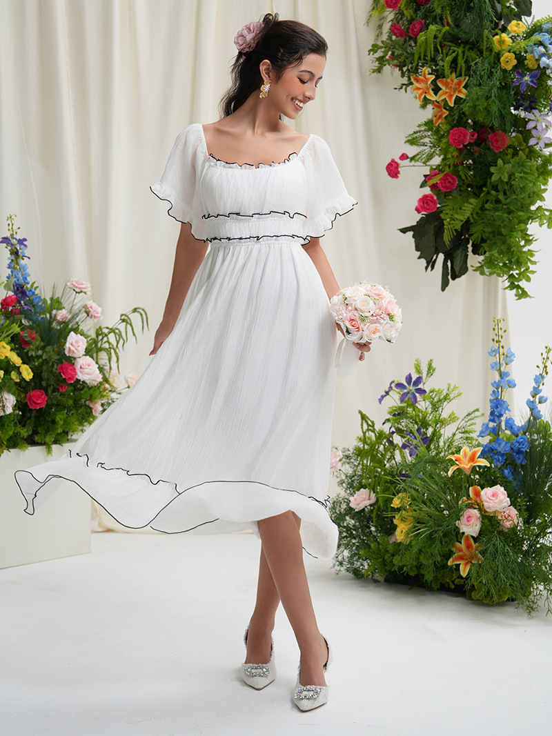 GY4260 High quality French sweet temperament skirt summer women's simple long dress square neck waist long skirt