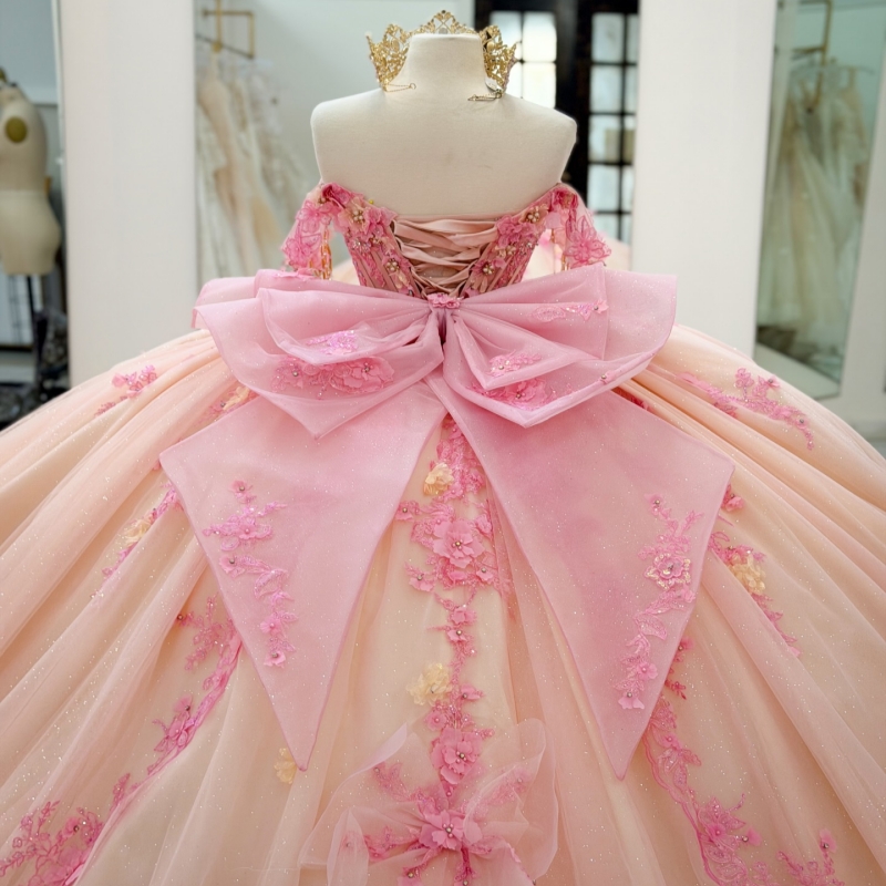 Champagne Shiny Quinceanera Dresses Off The Shoulder Pink Applique Flower BeadsTull Corset Party Birthday Sweet 16 Dres Vestidos 15 Anos