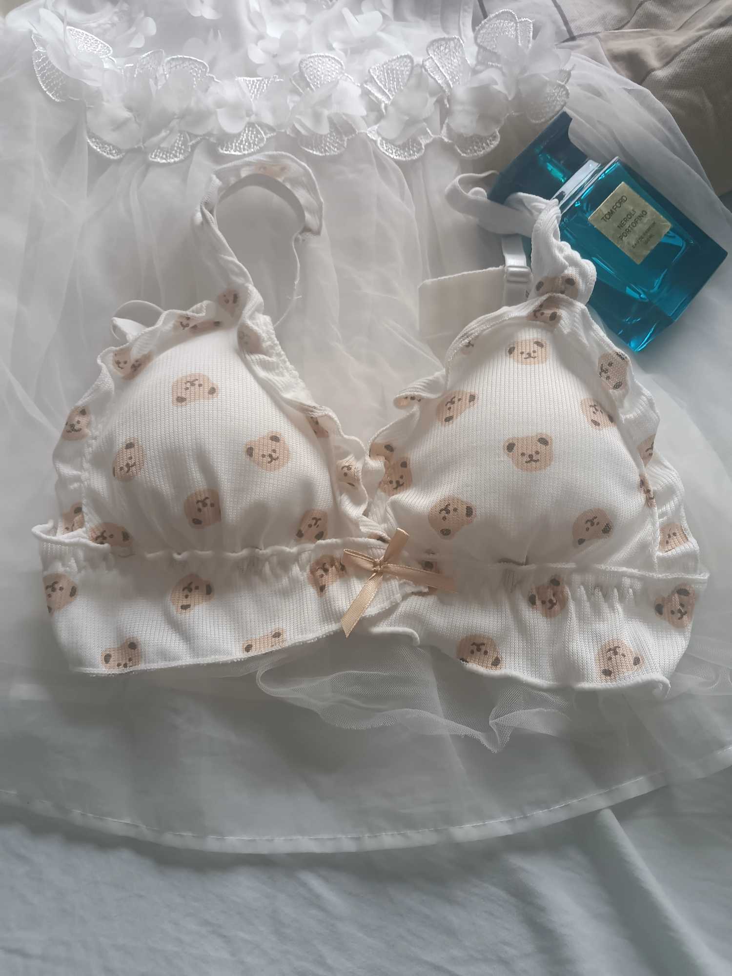 Japan Cute Girl Bear Bra Cartoon Cute Girl Without Steel Ring Anti-Sagging Sweet Ruffled Bow Bra Set as Well as Bra Single PieceXJ251106