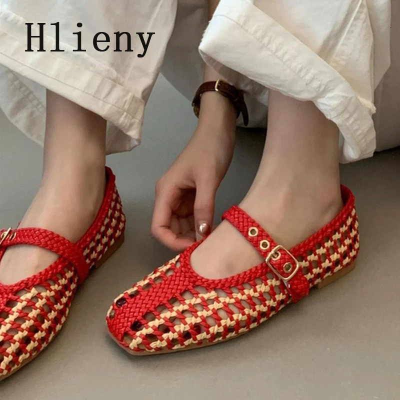 Hlieny n Weave Hemp Woman Loafers Fashion Hollow Out Square Toe Buckle Strap Casual Flat Women Mary Jane Shoes Brown 251121
