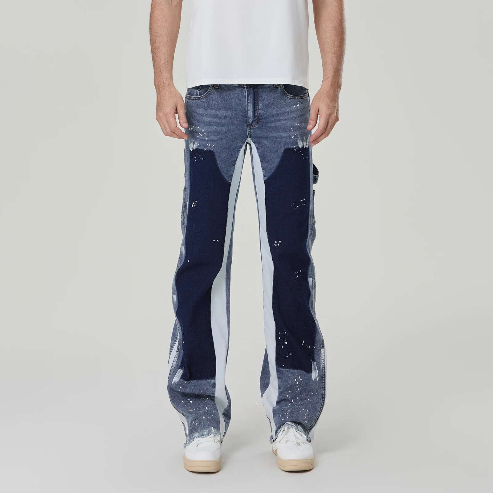 Men's Micro Flare Jeans Fashion Ink-Splatter Patchwork Denim Pants Spring Summer Casual Trousers With Pockets Streetwear