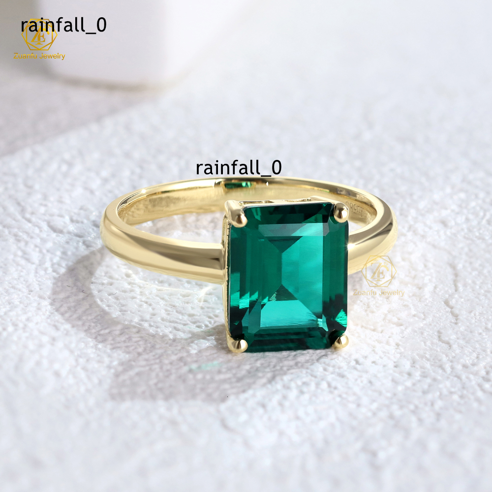 2025 Trendy 14K Yellow Gold Classic Style 810mm Lab Grown Zambia Emerald Gemstone Ring Wedding Engagement Jewelry Emerald Cut
