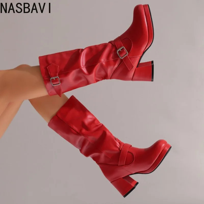 Womens High Boots Sexy Pleated Autumn Winter Shoes Black Red Heeled Long Boot Ladies Large Size 48 Trends 251031