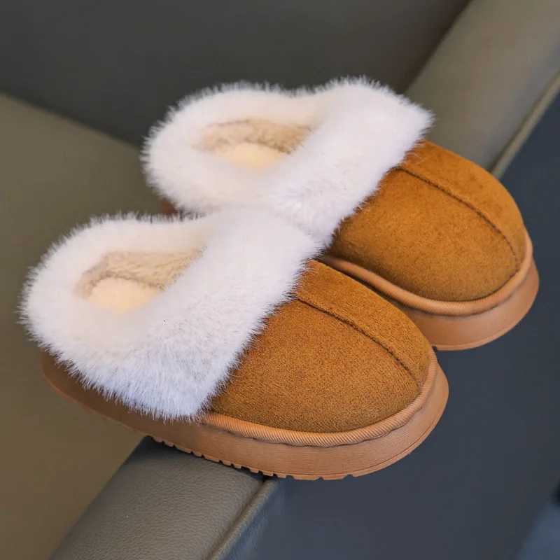 Solid PU Leather Boys Girls Slippers Winter Plush Warm Furry Children Slippers Casual Soft Bottom Floor Kids Home ShoesW251121