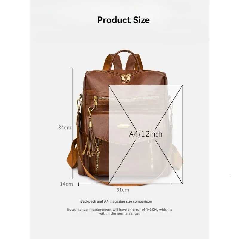 New Womens PU Leather Waterproof Anti-theft Designer Large Retro College Travel Backpack Shoulder Bag Wallet with Tassel BrowW251121