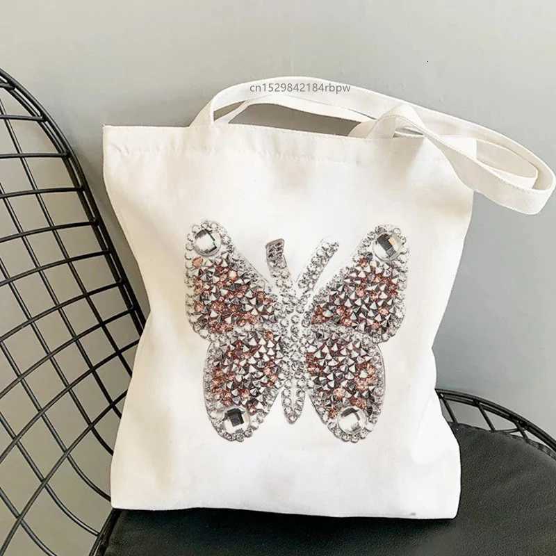 Rhinestone Butterfly Canvas Tote Bag - Sparkling Sequin Silver Black Luxury Fashion Decorative Party Shoulder Shopping Bag WomenT251121