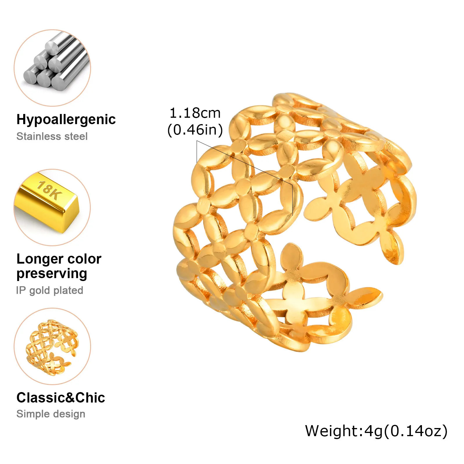 Womens hollow open adjustable flower wreath stainless steel thick wide thumb ring 250418 250418