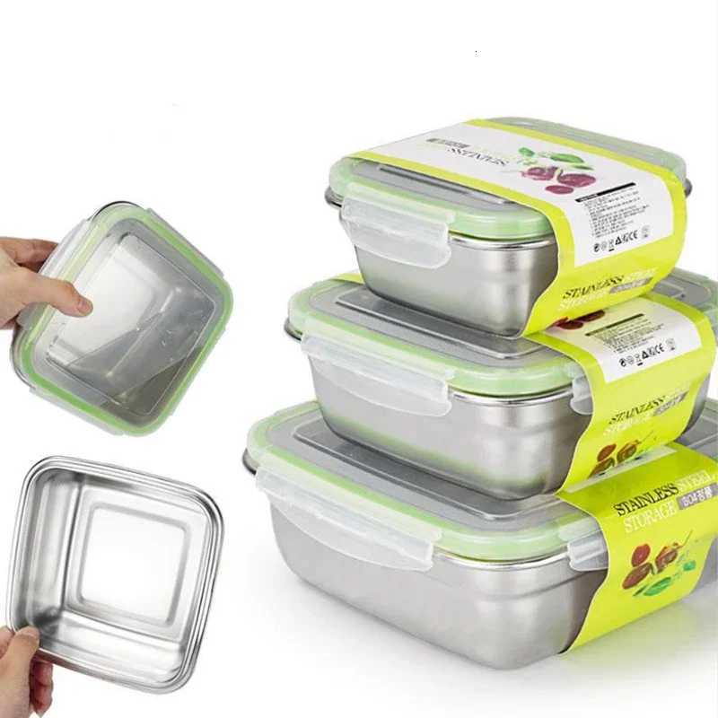 304 Stainless Steel Lunch Box with Lid Fresh-keeping Box Sealed Fruit LeakProof Container Bento Refrigerated Storage KitchenwareM251121