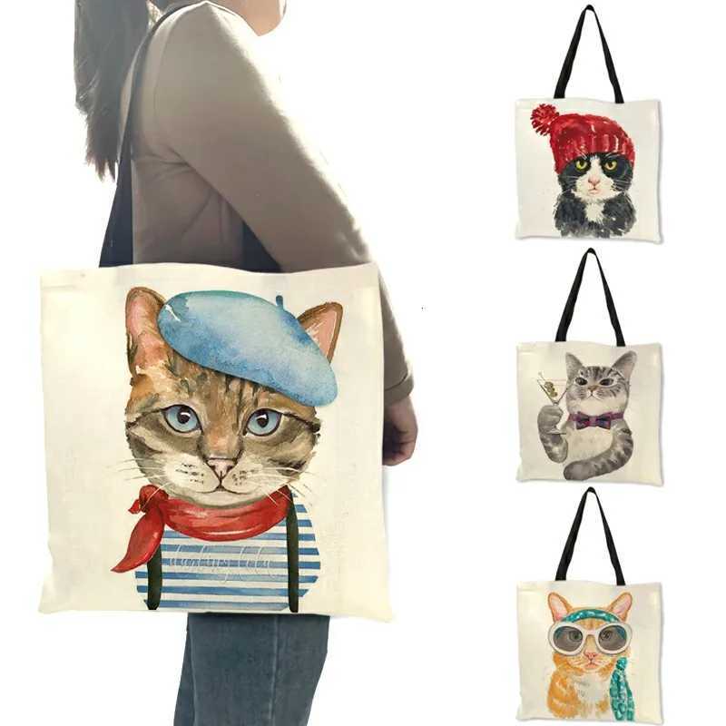 Cute Cat Print Reusable Shopping Bag Women Bags 2019 Summer Tote Bag Traveling School Bags B06034T251121