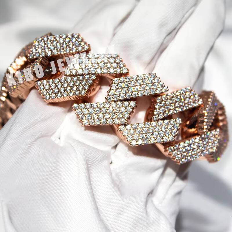 Hot Sale Hip Hop Jewelry 925 Sterling Silver 26mm Width Iced Out Rose Gold Plated Moissanite Cuban Link Chain for Men