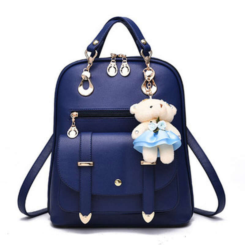 Women's New Korean Trendy Fashion Ladies PU Leather Student Casual Backpack College Style Bear Hanging Bag