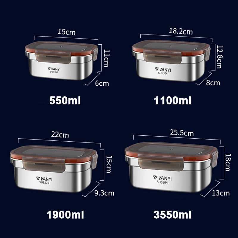 304 Stainless Steel Lunch Box Travel Leakproof Bowls Home Containers Microwave Heating Lunchboxs Big Capacity Food LunchboxM251121