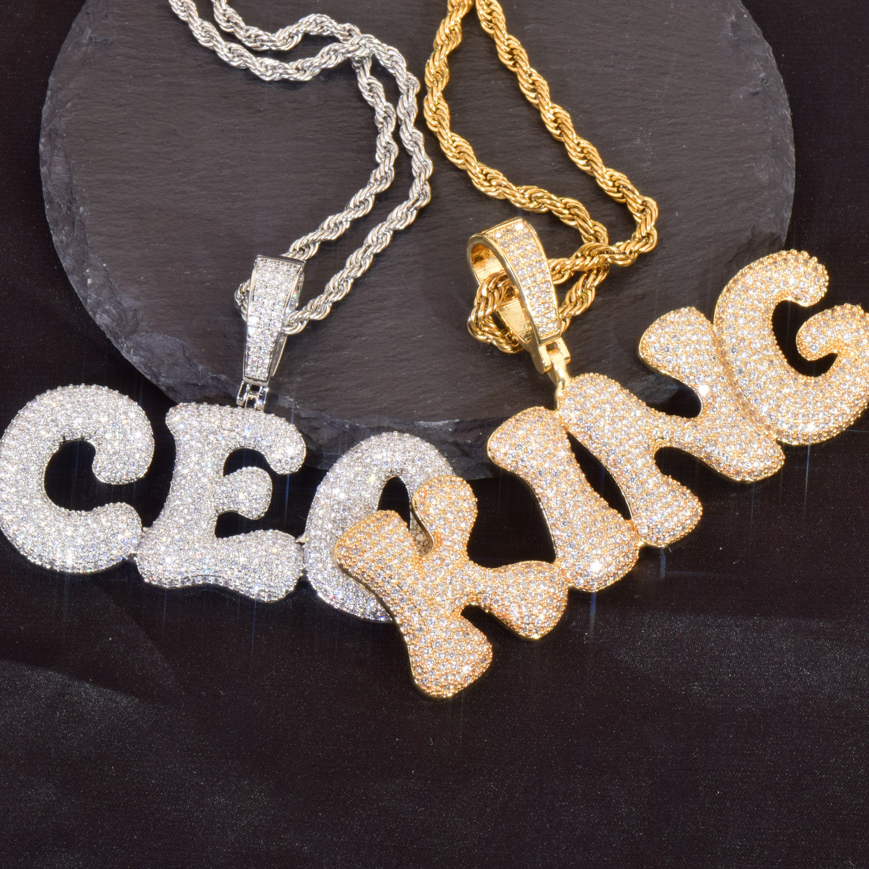 Hip Hop Custom A-Z Name Letters Pendant Necklace Charm Bone Bubble Letters 5A Zircon Jewelry