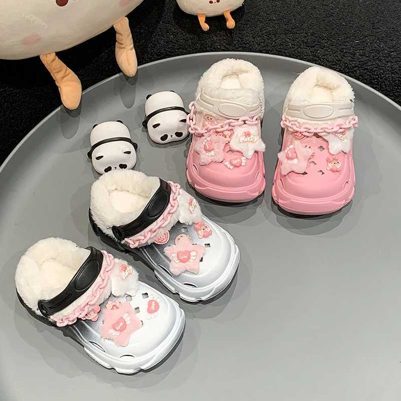 2024 Winter New Children Plush Shoes for Girls Fashion Korean Style Soft Anti-slippery Keep Warm Round Head Versatile SlippersW251121
