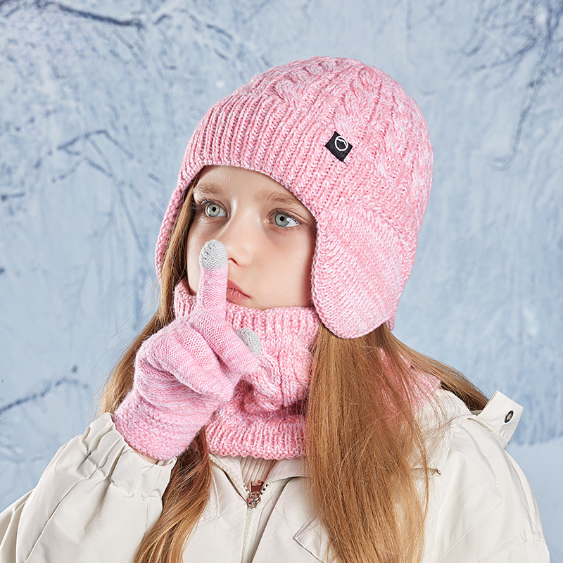 Children's Hat Winter Gloves Warm Three-Piece Set Fleece-Lined Ear Protection Pullover Hat Boys and Girls Outdoor Cold-Proof Knitted Wool Hat fre