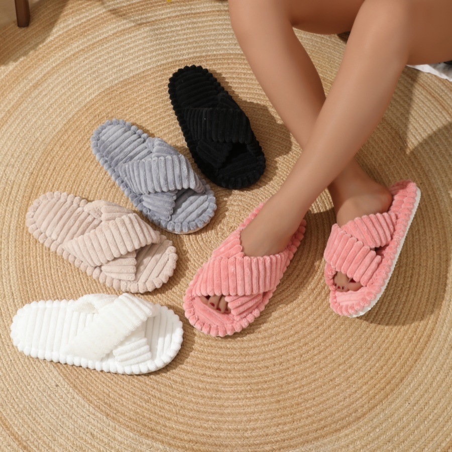 Cross opening open toed couples four season slippers corduroy cross opening slippers 241025