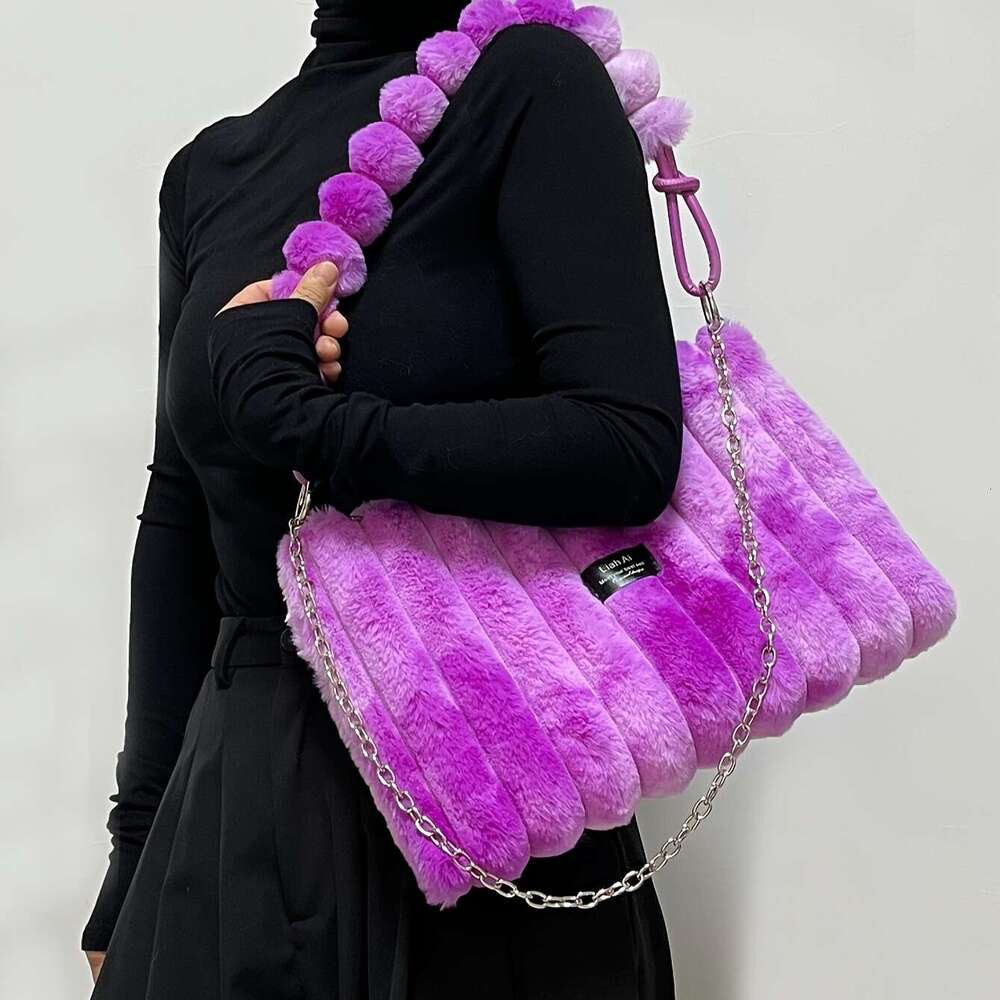 2024 Women's Lightweight Faux Fur Crossbody Detachable Adjustable Chain Strap, Large Capacity Zipper Closure, Mixed Color/Caramel Color, Multifun