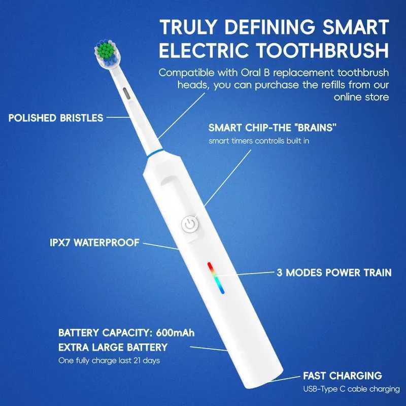 Smart Rotary Electric Toothbrush3 Modes Fast Rechargeable Electric Toothbrush with TimerTravel Case and 2 Brush Heads C251121