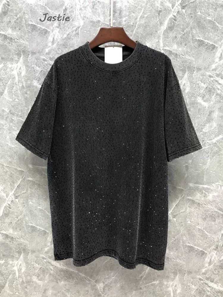 Summer casual black rhinestone womens T-shirt round neck short sleeved T-shirt loose medium long T-shirt street womens clothing X250421