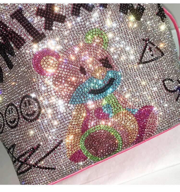 Graffiti Printing Cartoon Bear Bucket Women's Handbag Crystal Shiny Rhie Dia Evening Clutch Bag Party Bg Purse
