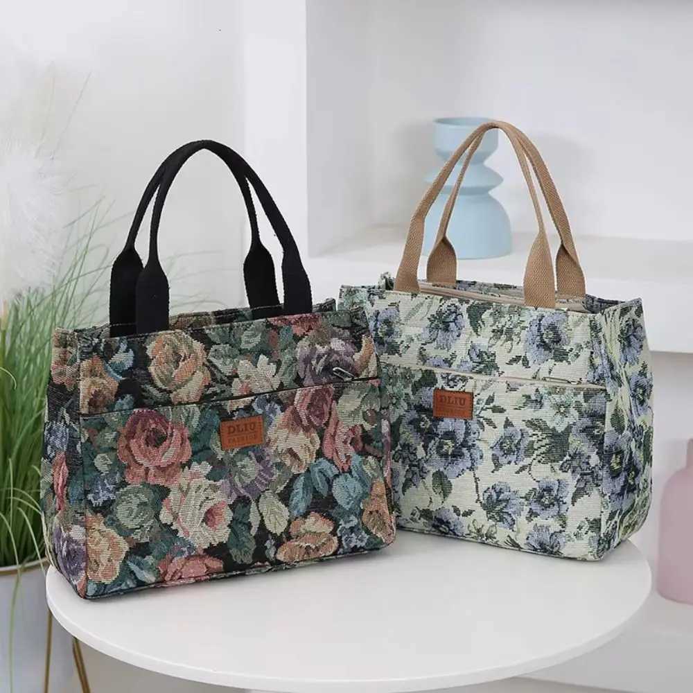 Portable Floral Print Womens Tote Bag Canvas Thickened Lunch Bag Zipper Large Capacity Jacquard HandbagT251121