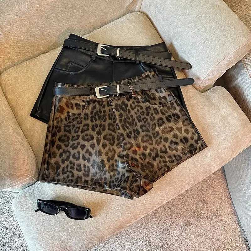 2025 New Womens Retro Leopard PU Leather Shorts High Waist Wide Leg Shorts Casual A-line Hot Pants M250421
