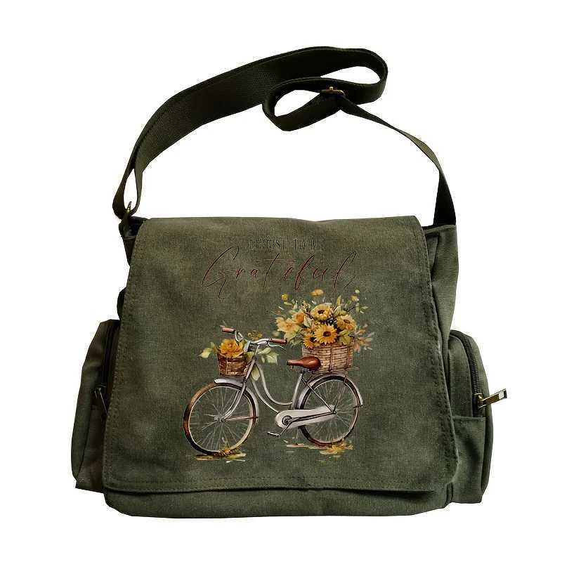 2025 New Vintage Womens Bag Multiple Pockets Canvas Shoulder Bag Floral Bicycle Pattern Crossbody Book Bag Laptop BagT251121
