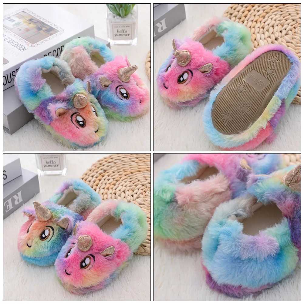 1Pair Children Winter Slippers Unicorn Design Warm Bedroom Shoes Soft Indoor Kids Slip-on Household Footwear Winter SlippersW251121