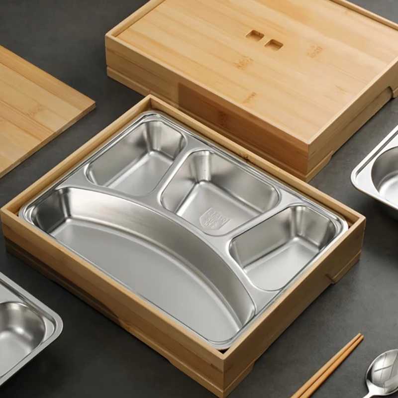 Restaurant Stainless Steel Compartment Lunch Box Bamboo Bento Box Anti-fall Household Japanese Lunch Tray WorkerM251121