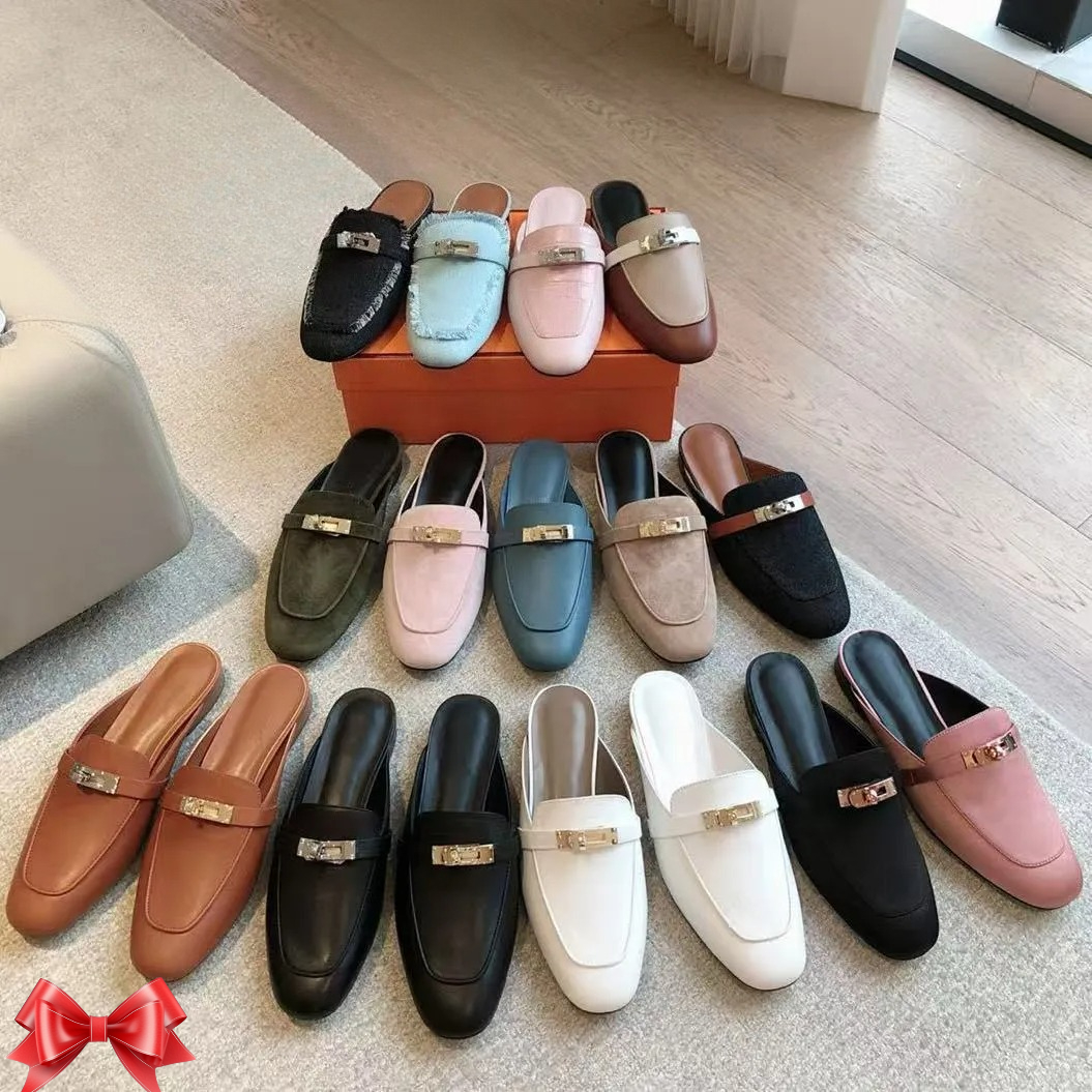 Designer shoe Female 100% authentic leather top quality classic luxury mule summer Spring jacquard printing slippers clog sandal canvas flat slipper women shoes