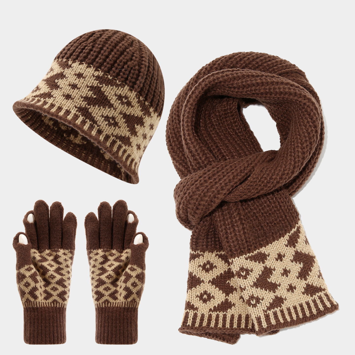 Autumn Winter Hat Warm Knitted Pullover Hat Scarf Gloves Three-Piece Set for Women Ethnic Style Fashion Ear Protection Cold-Proof Set Trendy free ship