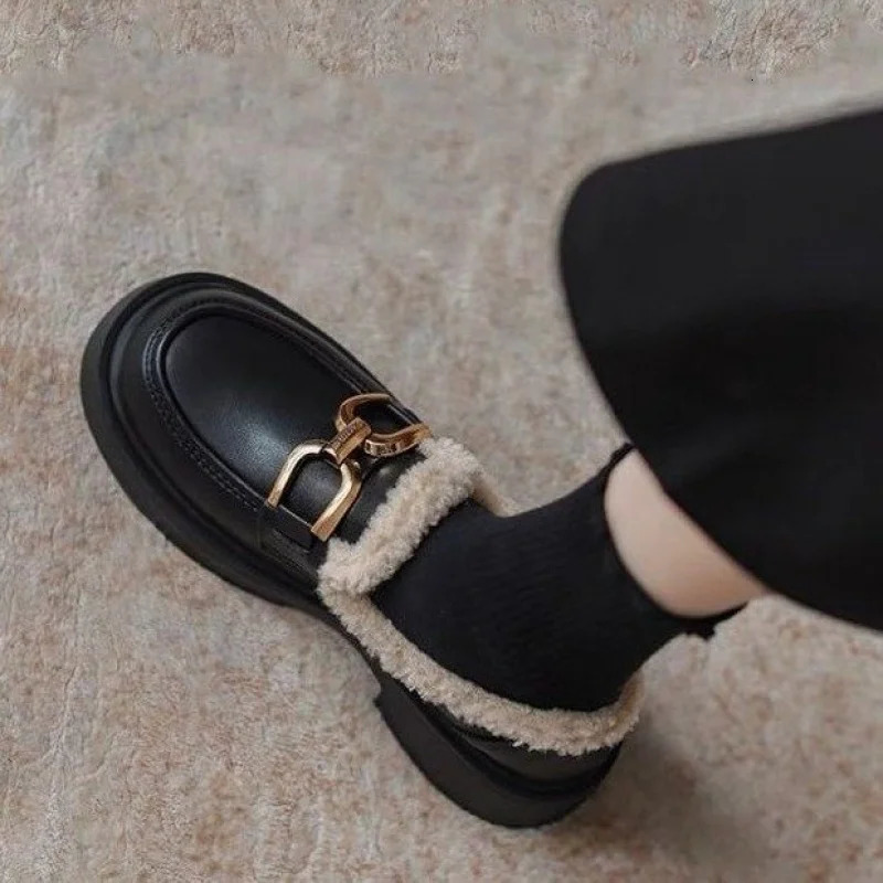 Womens Fur Lined Loafers Chunky Platform Winter Shoes Horsebit Slip On Comfortable Flats 251121