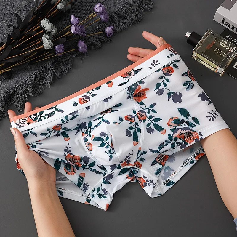 Mens boxing summer cool underwear ice silk quick drying floral printed Ushaped invisible bag 250417