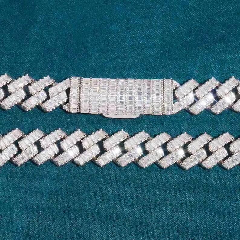 Hip Hop Jewelry Moissanite Baguette Cuban Chain VVS Diamond Pendant Necklace Iced Out Moissanite Cuban Chain Silver 925