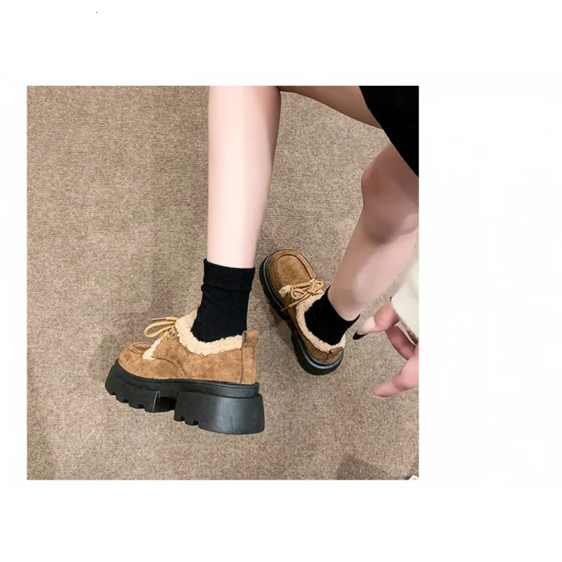 Winter Plush Lined Loafers Womens Retro Chunky Platform Fluffy Leather Shoes Comfortable Warm 251121