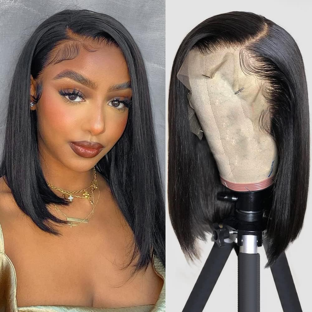 Black 13x4 Bob Wig HD Closure Lace Front Brazilian Human Hair For Black Women Pre Plucked Short Wig Natural Straight Hair HD Frontal Wig Short Hair Fa