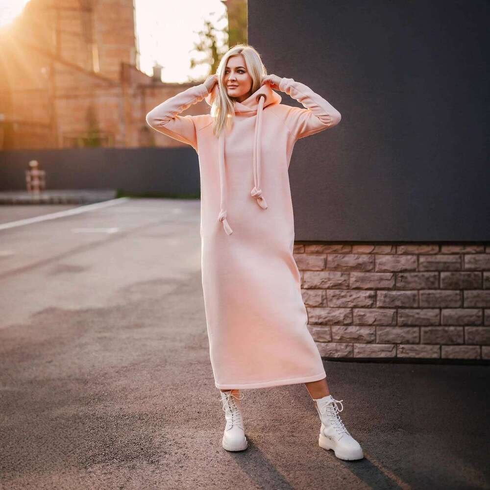 Plus Size Women Fashion Autumn Winter New Loose Large Knitted Hooded Long Velvet Hoodie Casual Splicing Warm Dress