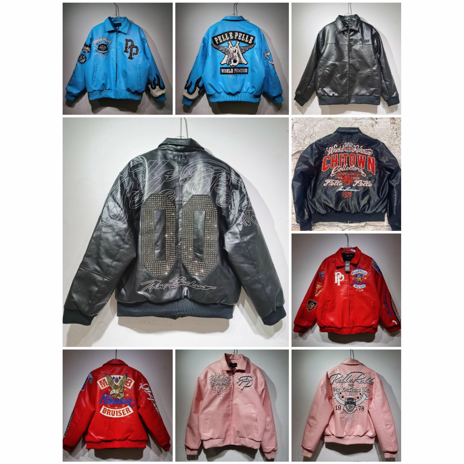 Mens Motorcycle Leather Jackets PellexOopium Rhinestones Heavy-Duty Embroidery Hall of Fame Collaboration Series Jacket