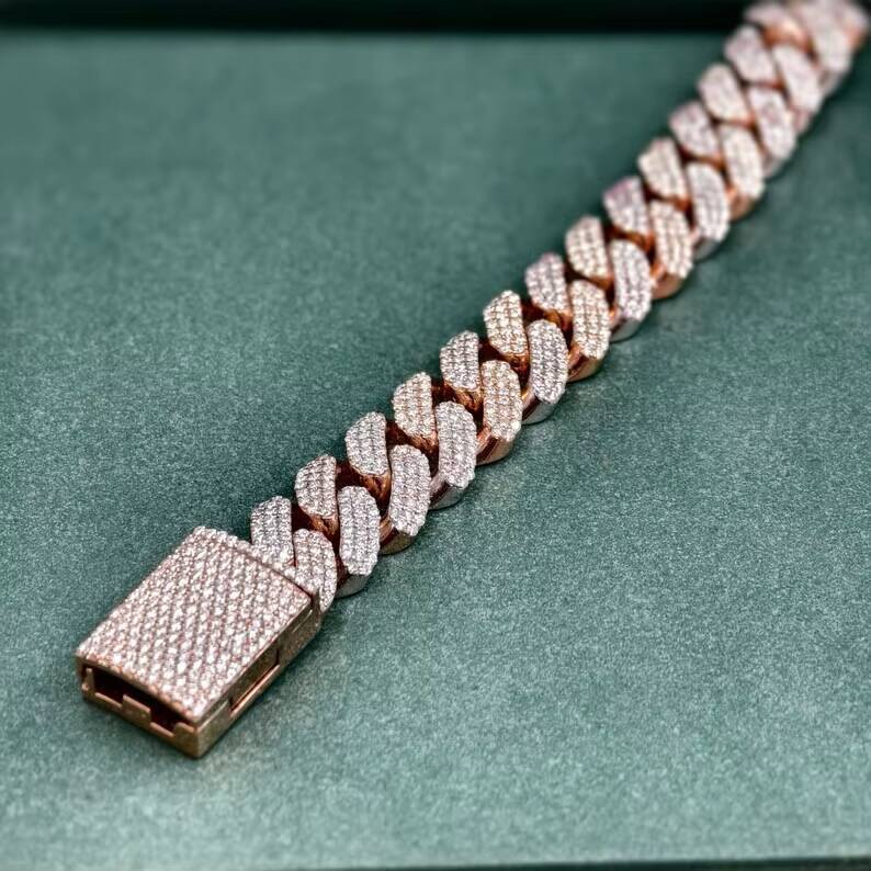 Hip Hop Jewelry 15mm Rose Gold Cuban Link Bracelet with Moissanite Stone 925 Sterling Silver Miami Cuban Link Bracelet for Men