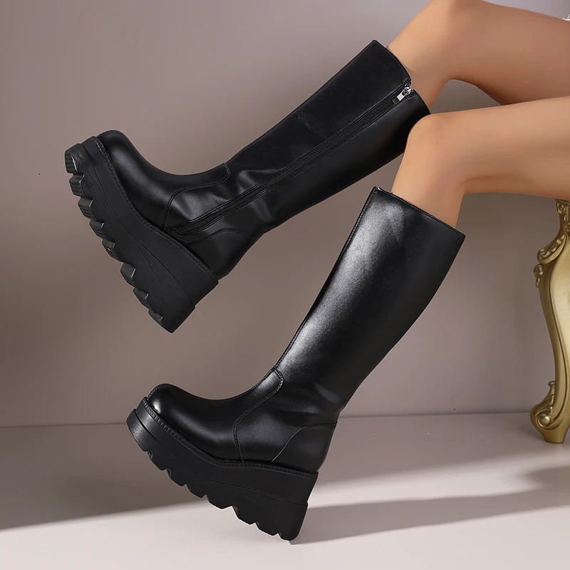 Womens Fashion Platform MidCalf Boots Minimalist Versatile style HeightIncreasing Side Zipper Ankle 251121