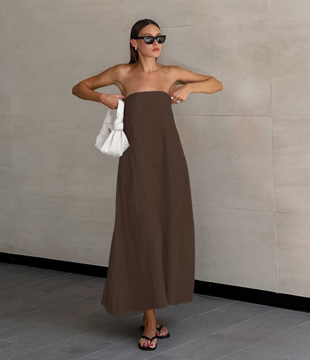 French khaki cotton and linen strapless vacation style high-waisted dress with backless back in 2025, the new summer long dress for women in Europe an