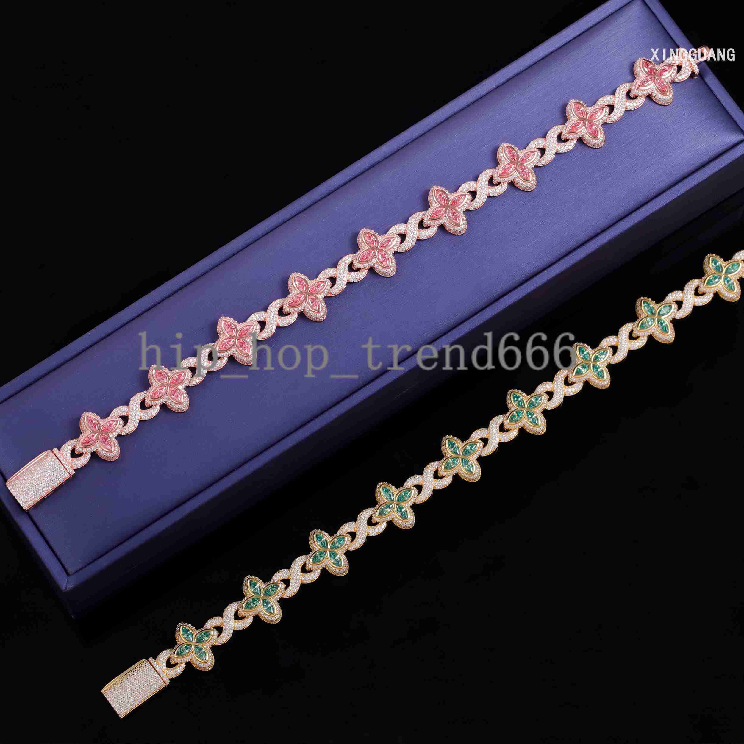 Hot Sale Women Fine pink Green Diamonds Moissanite Clover Charms Infinity Cuban Links Bracelet 925 Silver Cuban Chain Jewelry