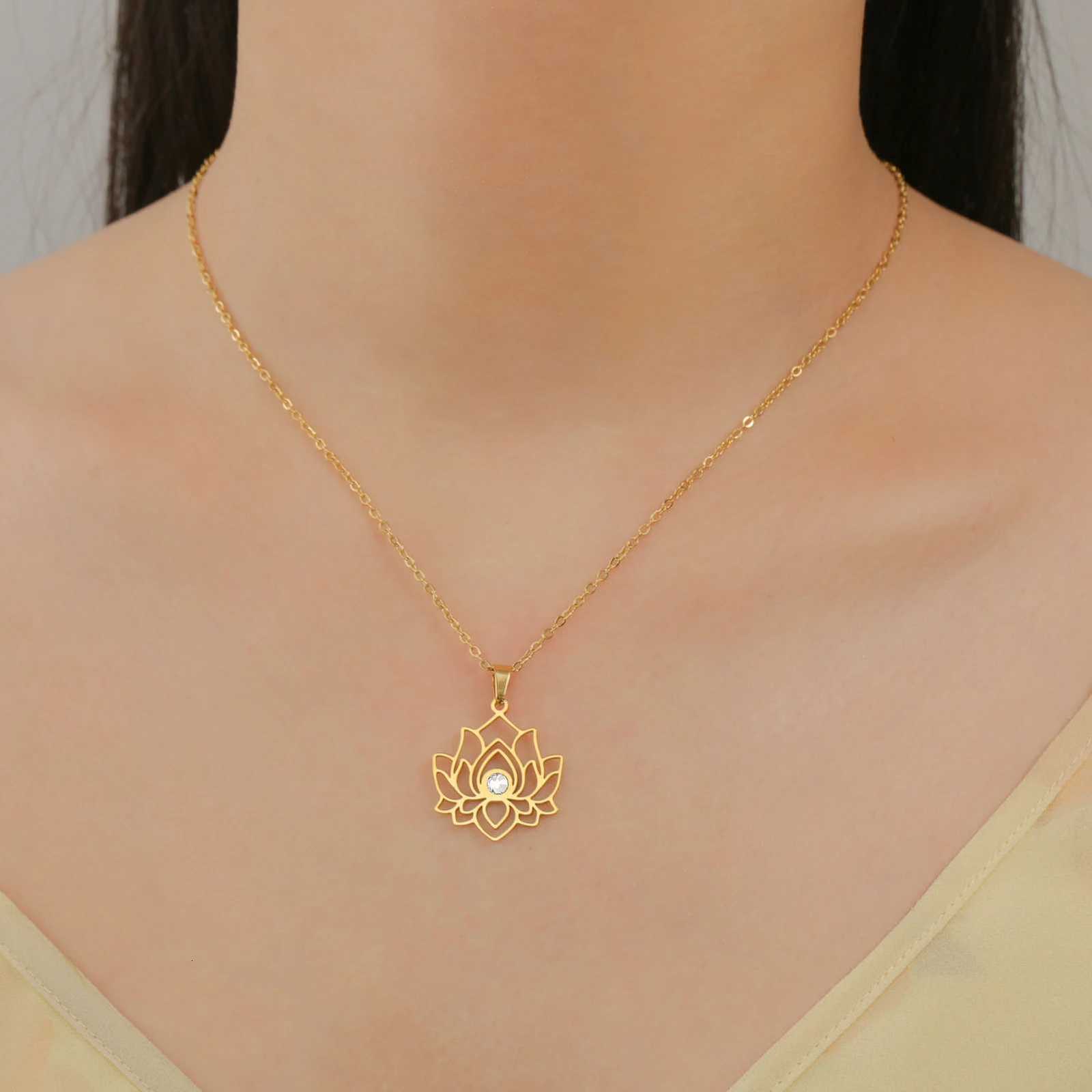 Skyrim Lotus Flower Necklace Women Stainless Steel Clear Zircon Pendant Neck Chain Yoga Chakra Buddhism Jewelry Christmas GiftsXJ251121