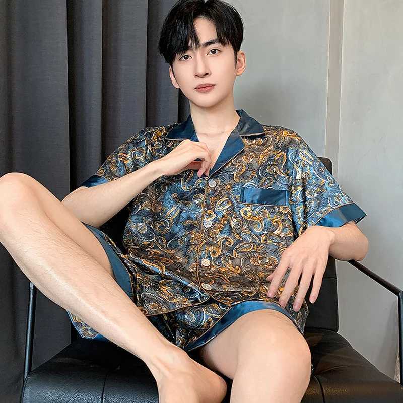Pajamas Men Spring Summer Thin Ice Silk Luxurious Loose Fitting Home Wear Suit Male Satin Pyjamas Set Night Pajamas Set MenW251121 - view 7