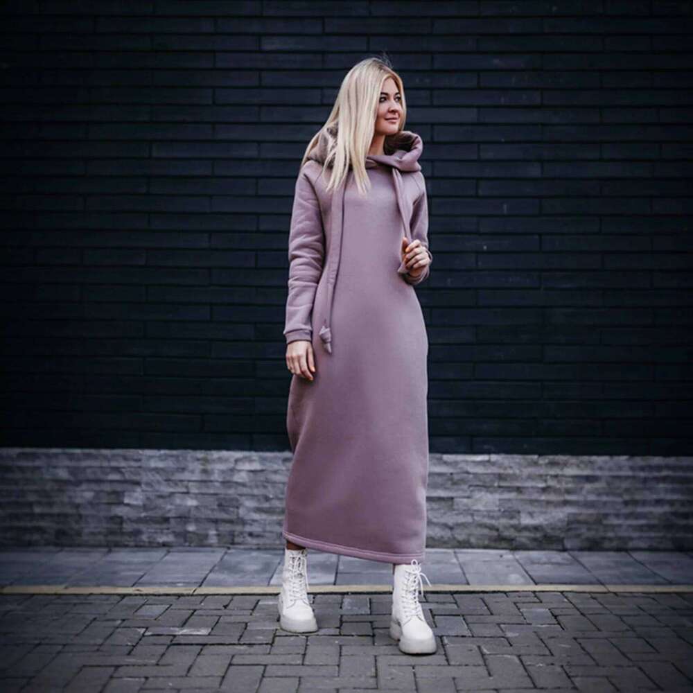 Plus Size Women Fashion Autumn Winter New Loose Large Knitted Hooded Long Velvet Hoodie Casual Splicing Warm Dress