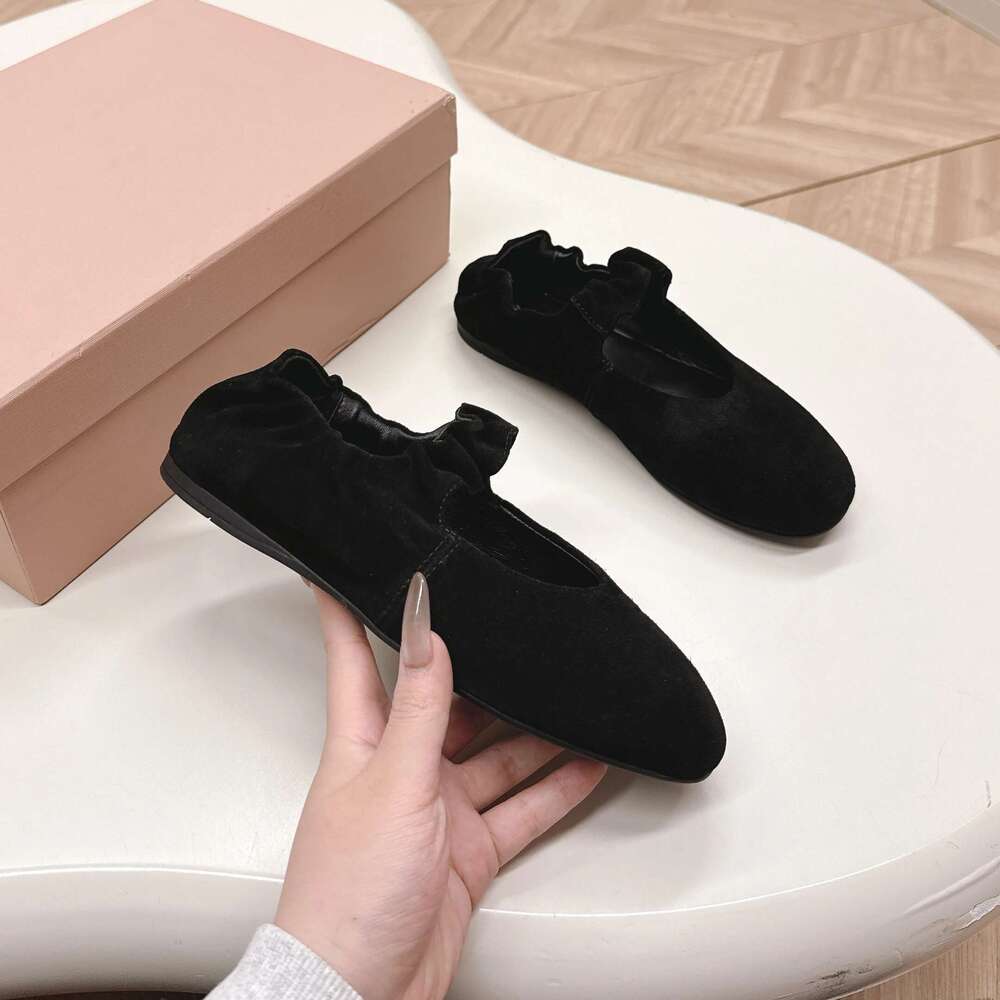 Women Genuine Leather Ballet Flats Mary Janes Natural Cow Suede Round Toes Elastic Band Designer Shoes atillas De Mujer